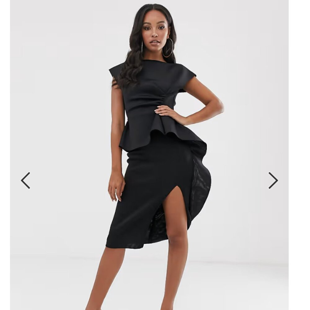 ASOS DESIGN Black Peplum Pencil Midi Dress with Tuck detail Size 8